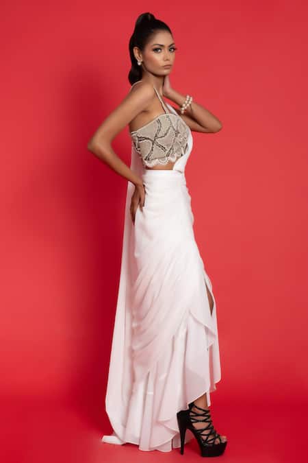 Buy_Aurouss_Ivory Chiffon Beads, Pearls Round Neck Shimmer Pre-draped Saree And Blouse _Online_at_Aza_Fashions