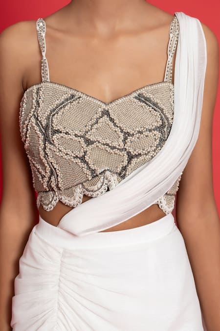 Shop_Aurouss_Ivory Chiffon Beads, Pearls Round Neck Shimmer Pre-draped Saree And Blouse _Online_at_Aza_Fashions