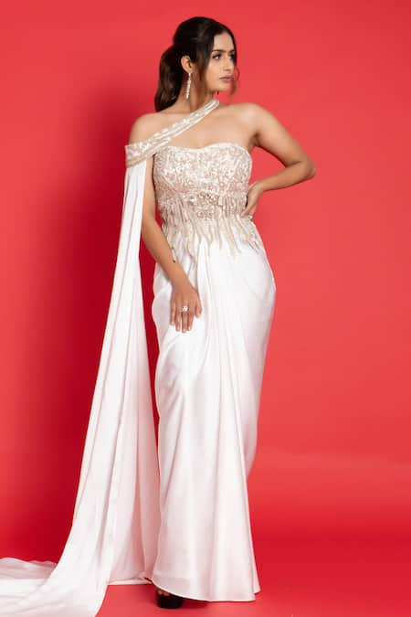 Aurouss Ivory Silk Satin Solid Pre-draped Saree Set With Sequin Embroidered Corset 