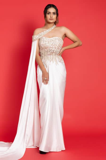 Aurouss_Ivory Tulle, Silk Satin Solid Pre-draped Saree Set With Embroidered Corset _Online_at_Aza_Fashions