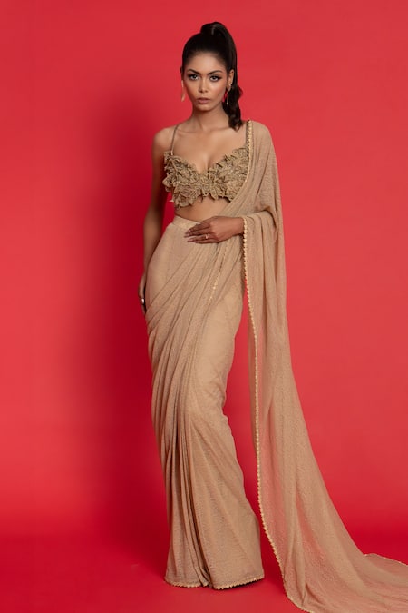 Aurouss_Gold Tulle, Net Embroidery Sweetheart Neck Pre-draped Saree With Hand Blouse _Online_at_Aza_Fashions