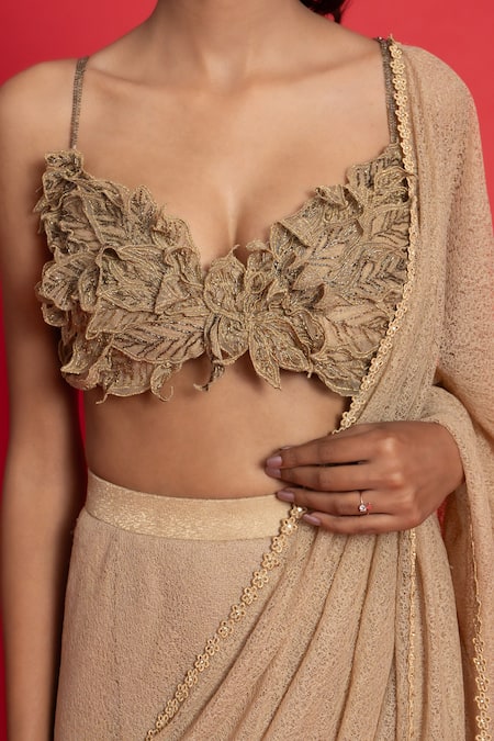 Shop_Aurouss_Gold Tulle, Net Embroidery Sweetheart Neck Pre-draped Saree With Hand Blouse 