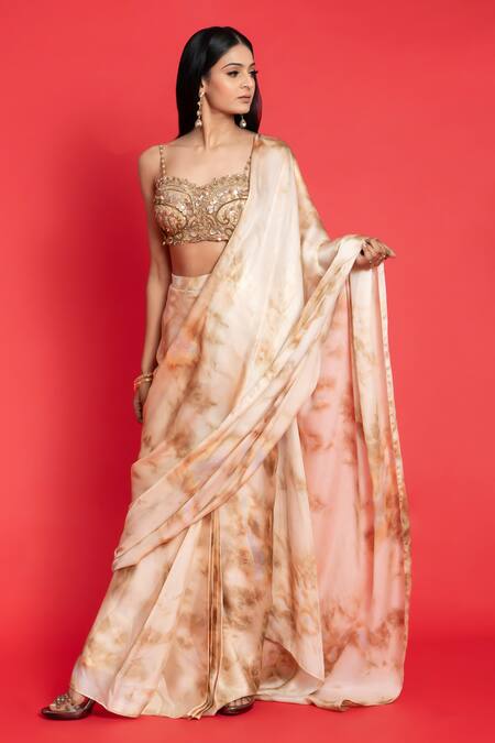 Aurouss_Gold Georgette Sequins, Cut Work Pre-draped Mug Dye Print Saree With Blouse _Online_at_Aza_Fashions