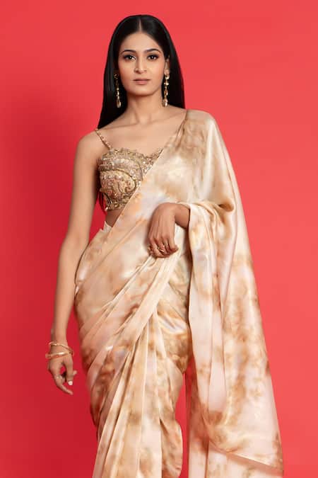Buy_Aurouss_Gold Georgette Sequins, Cut Work Pre-draped Mug Dye Print Saree With Blouse _Online_at_Aza_Fashions
