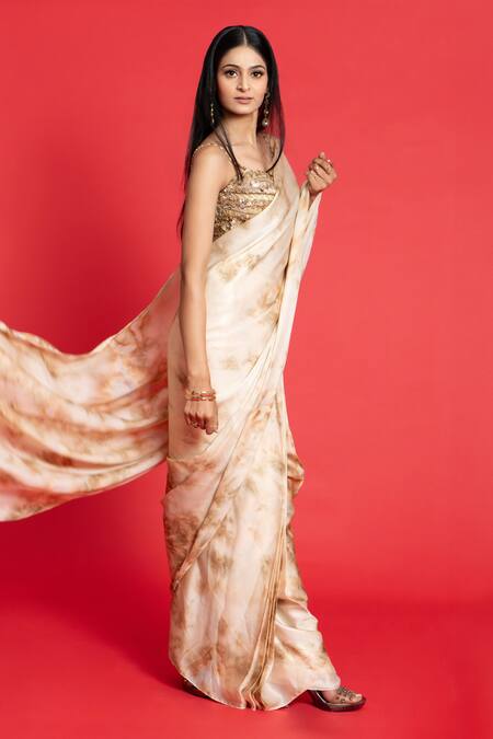 Shop_Aurouss_Gold Georgette Sequins, Cut Work Pre-draped Mug Dye Print Saree With Blouse _Online_at_Aza_Fashions