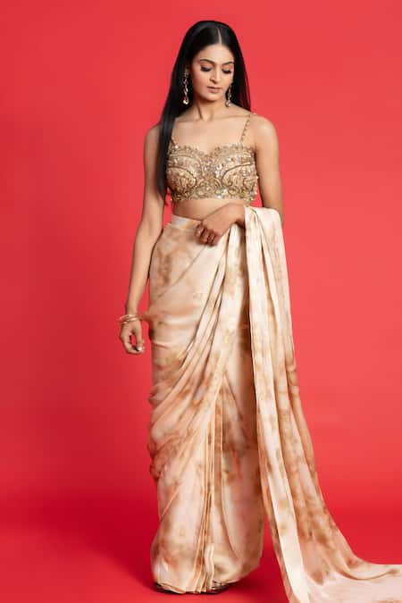 Aurouss_Gold Georgette Sequins, Cut Work Pre-draped Mug Dye Print Saree With Blouse _at_Aza_Fashions