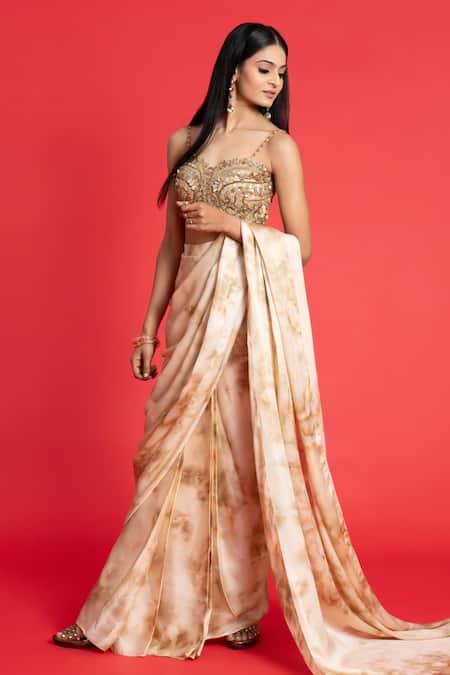 Buy_Aurouss_Gold Georgette Sequins, Cut Work Pre-draped Mug Dye Print Saree With Blouse 