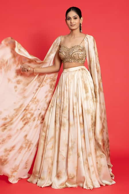 Aurouss Gold Foil Printed Georgette Mug Dye Lehenga With Embroidered Blouse 