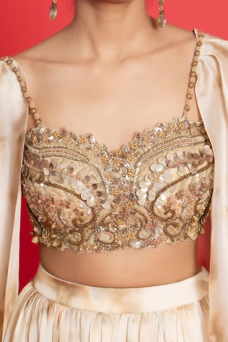 Buy_Aurouss_Gold Georgette Sequins, Cut Work Mug Dye Print Lehenga With Embroidered Blouse 