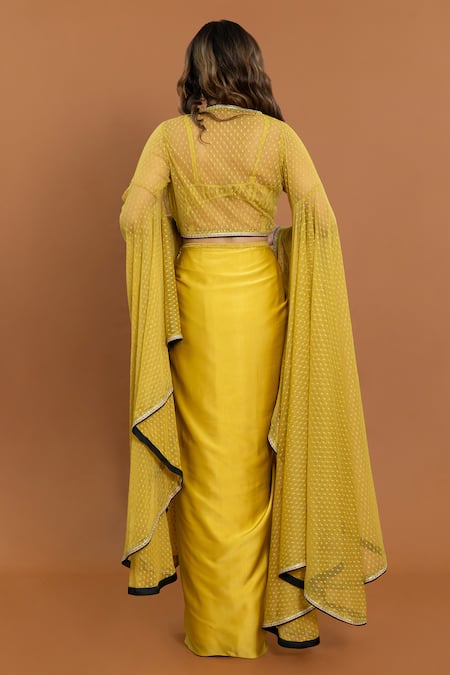 Shop Aurouss Yellow Satin, Net, Polka Dot Pattern Cape And Draped Skirt Set at Aza Fashions Shop_Aurouss_Yellow Satin, Net, Polka Dot Pattern Cape And Draped Skirt Set _at_Aza_Fashions