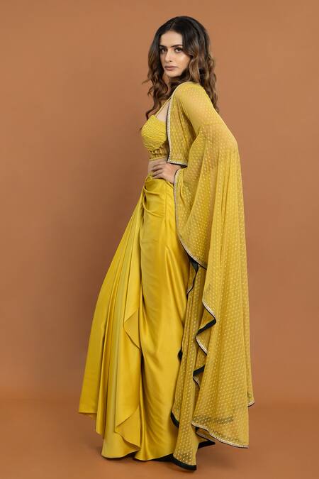 Aurouss Yellow Satin, Net, Polka Dot Pattern Cape And Draped Skirt Set Online at Aza Fashions Aurouss_Yellow Satin, Net, Polka Dot Pattern Cape And Draped Skirt Set _Online_at_Aza_Fashions