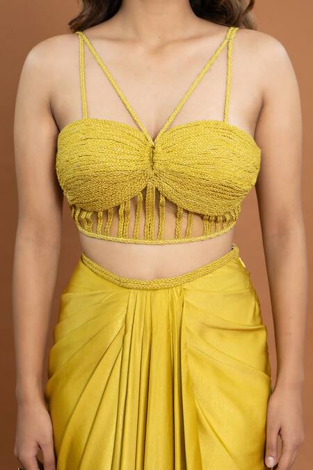 Shop Aurouss Yellow Satin, Net, Polka Dot Pattern Cape And Draped Skirt Set Online at Aza Fashions Shop_Aurouss_Yellow Satin, Net, Polka Dot Pattern Cape And Draped Skirt Set _Online_at_Aza_Fashions