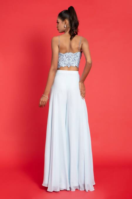 Shop Aurouss Blue Silk, Georgette Embroidery, Sequins Square Bloom Bralette And Palazzo Set at Aza Fashions Shop_Aurouss_Blue Silk, Georgette Embroidery, Sequins Square Bloom Bralette And Palazzo Set _at_Aza_Fashions