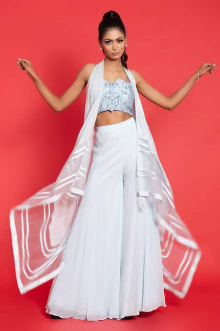 Shop Aurouss Blue Silk, Georgette Embroidery, Sequins Square Bloom Bralette And Palazzo Set Online at Aza Fashions Shop_Aurouss_Blue Silk, Georgette Embroidery, Sequins Square Bloom Bralette And Palazzo Set _Online_at_Aza_Fashions
