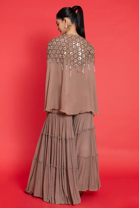 Shop Aurouss Grey Georgette, Silk Sequins Sweetheart Neck Floral Embroidered Cape Sharara Set at Aza Fashions Shop_Aurouss_Grey Georgette, Silk Sequins Sweetheart Neck Floral Embroidered Cape Sharara Set _at_Aza_Fashions