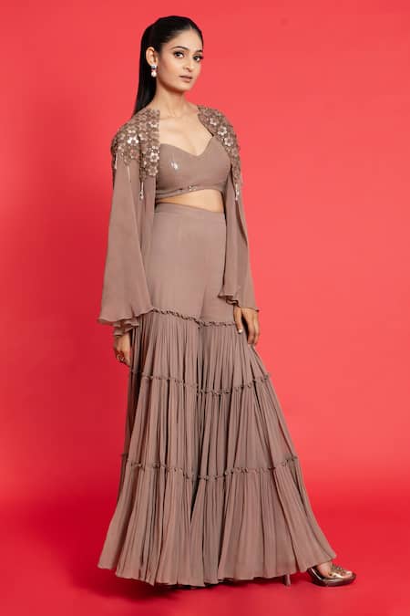 Aurouss Grey Georgette, Silk Sequins Sweetheart Neck Floral Embroidered Cape Sharara Set Online at Aza Fashions Aurouss_Grey Georgette, Silk Sequins Sweetheart Neck Floral Embroidered Cape Sharara Set _Online_at_Aza_Fashions