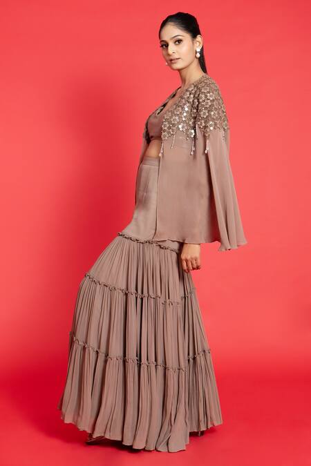 Buy Aurouss Grey Georgette, Silk Sequins Sweetheart Neck Floral Embroidered Cape Sharara Set Online at Aza Fashions Buy_Aurouss_Grey Georgette, Silk Sequins Sweetheart Neck Floral Embroidered Cape Sharara Set _Online_at_Aza_Fashions