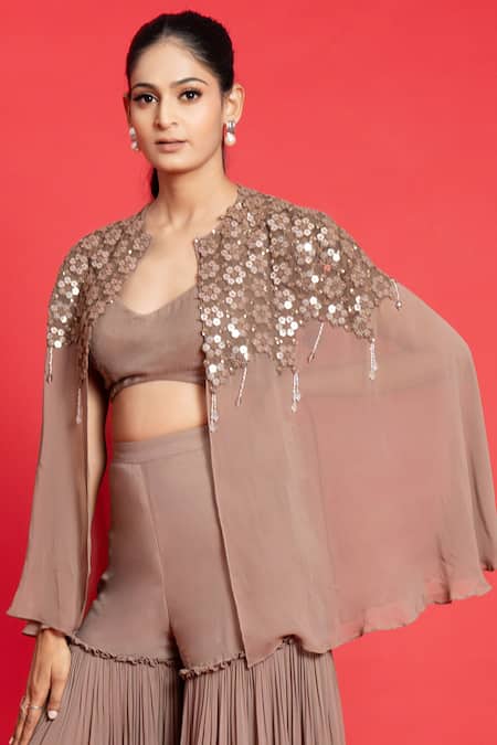 Shop Aurouss Grey Georgette, Silk Sequins Sweetheart Neck Floral Embroidered Cape Sharara Set Online at Aza Fashions Shop_Aurouss_Grey Georgette, Silk Sequins Sweetheart Neck Floral Embroidered Cape Sharara Set _Online_at_Aza_Fashions