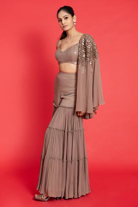 Aurouss Grey Georgette, Silk Sequins Sweetheart Neck Floral Embroidered Cape Sharara Set at Aza Fashions Aurouss_Grey Georgette, Silk Sequins Sweetheart Neck Floral Embroidered Cape Sharara Set _at_Aza_Fashions