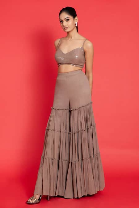 Buy Aurouss Grey Georgette, Silk Sequins Sweetheart Neck Floral Embroidered Cape Sharara Set Buy_Aurouss_Grey Georgette, Silk Sequins Sweetheart Neck Floral Embroidered Cape Sharara Set