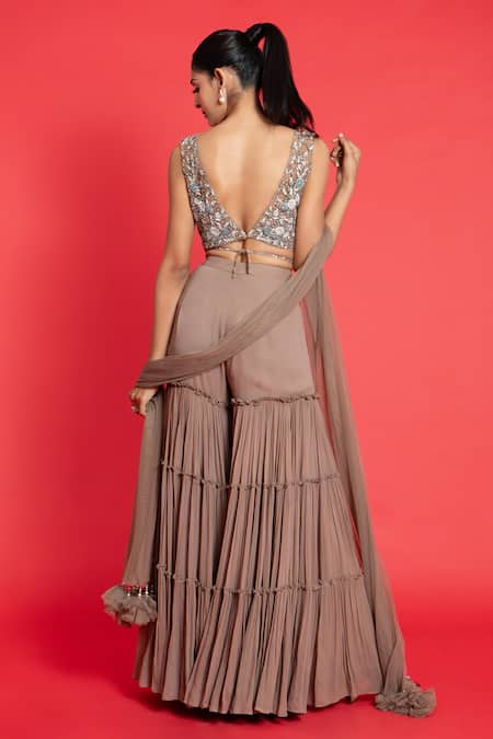 Shop Aurouss Grey Tulle, Georgette, Net Sequins, Zari, Embroidery V-neck Blouse Sharara Set at Aza Fashions Shop_Aurouss_Grey Tulle, Georgette, Net Sequins, Zari, Embroidery V-neck Blouse Sharara Set _at_Aza_Fashions