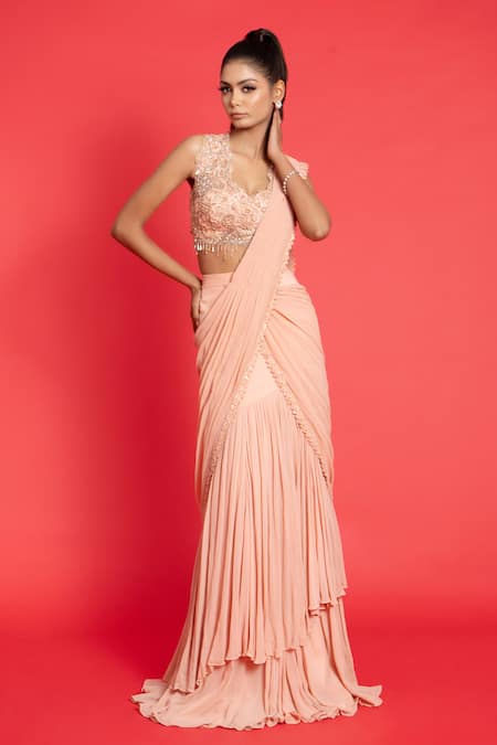 Aurouss Peach Georgette Embroidery Pre-draped Ruffle Saree With Blouse 