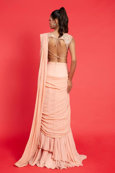 Aurouss Pre-Draped Ruffle Saree With Embroidered Blouse 