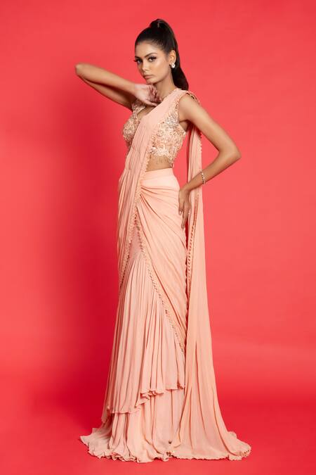 Aurouss_Peach Tulle, Georgette Sequins, Pre-draped Ruffle Saree With Embroidered Blouse _Online_at_Aza_Fashions