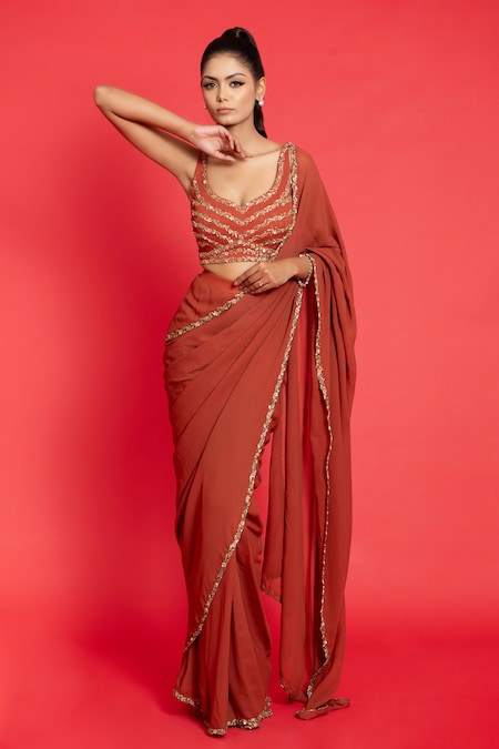 Aurouss Orange Georgette Embroidery Sequins Pre-draped Saree With Work Blouse 