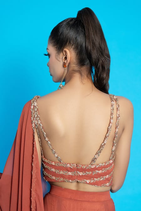Aurouss_Orange Georgette Sequins, Cut Work Turtle Neck Pre-draped Saree With Blouse _at_Aza_Fashions