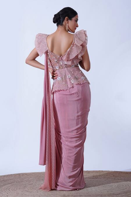 Shop Aurouss Pink Tulle, Crepe, Net Prisha Sequin Ambrosia Saree Gown at Aza Fashions Shop_Aurouss_Pink Tulle, Crepe, Net Prisha Sequin Ambrosia Saree Gown _at_Aza_Fashions