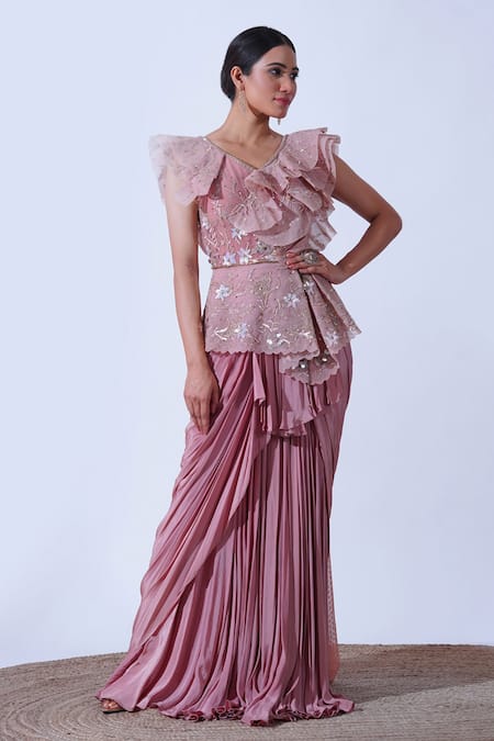 Aurouss Pink Tulle, Crepe, Net Prisha Sequin Ambrosia Saree Gown Online at Aza Fashions Aurouss_Pink Tulle, Crepe, Net Prisha Sequin Ambrosia Saree Gown _Online_at_Aza_Fashions