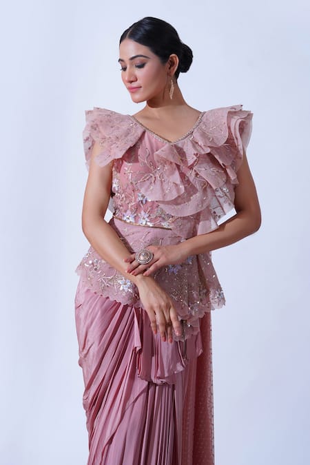 Buy Aurouss Pink Tulle, Crepe, Net Prisha Sequin Ambrosia Saree Gown Online at Aza Fashions Buy_Aurouss_Pink Tulle, Crepe, Net Prisha Sequin Ambrosia Saree Gown _Online_at_Aza_Fashions