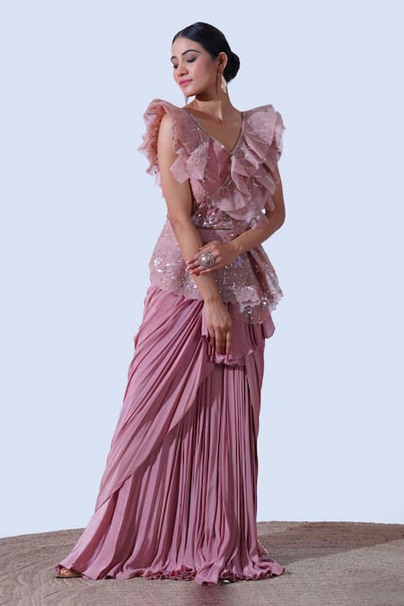 Shop Aurouss Pink Tulle, Crepe, Net Prisha Sequin Ambrosia Saree Gown Online at Aza Fashions Shop_Aurouss_Pink Tulle, Crepe, Net Prisha Sequin Ambrosia Saree Gown _Online_at_Aza_Fashions