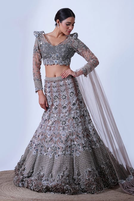 Aurouss Grey Organza Megha Midnight Garden Embellished Bridal Lehenga Set 