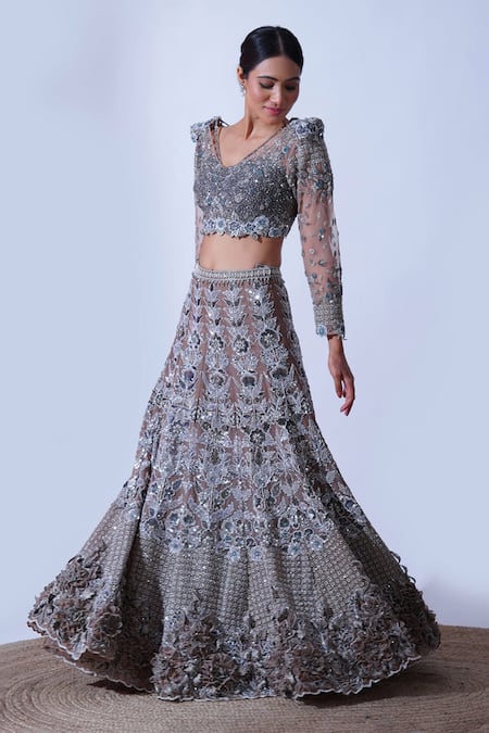 Aurouss_Grey Organza, Tulle Megha Midnight Garden Embellished Bridal Lehenga Set _Online_at_Aza_Fashions
