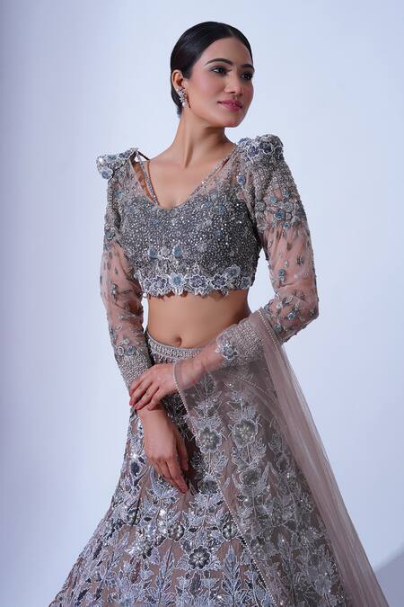 Buy_Aurouss_Grey Organza, Tulle Megha Midnight Garden Embellished Bridal Lehenga Set _Online_at_Aza_Fashions