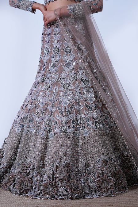 Shop_Aurouss_Grey Organza, Tulle Megha Midnight Garden Embellished Bridal Lehenga Set _Online_at_Aza_Fashions