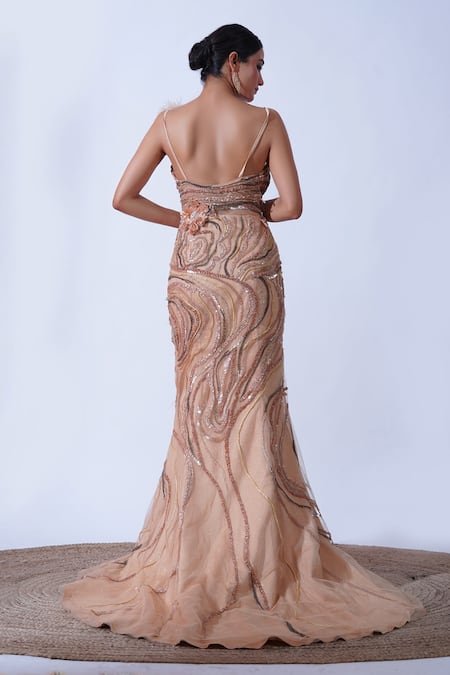 Shop Aurouss Peach Silk, Tulle Sequins, Beads, Feathers Urvashi Synodic Wave Embellished Gown at Aza Fashions Shop_Aurouss_Peach Silk, Tulle Sequins, Beads, Feathers Urvashi Synodic Wave Embellished Gown _at_Aza_Fashions