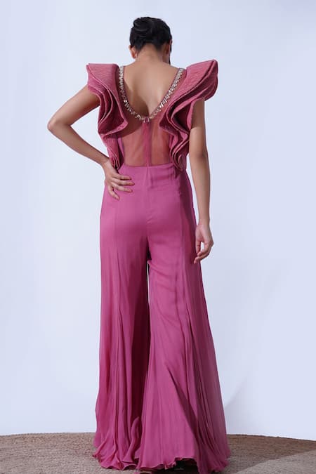 Shop Aurouss Pink Silk, Georgette, Lace Crystals Viha Structured Sleeves Bell Bottom Jumpsuit at Aza Fashions Shop_Aurouss_Pink Silk, Georgette, Lace Crystals Viha Structured Sleeves Bell Bottom Jumpsuit _at_Aza_Fashions
