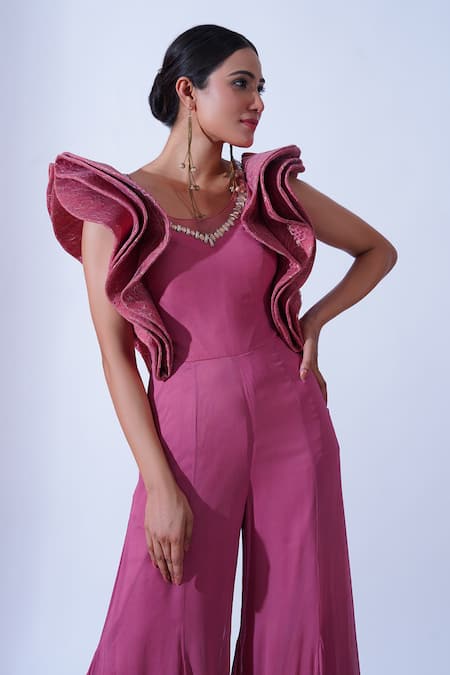 Buy Aurouss Pink Silk, Georgette, Lace Crystals Viha Structured Sleeves Bell Bottom Jumpsuit Online at Aza Fashions Buy_Aurouss_Pink Silk, Georgette, Lace Crystals Viha Structured Sleeves Bell Bottom Jumpsuit _Online_at_Aza_Fashions