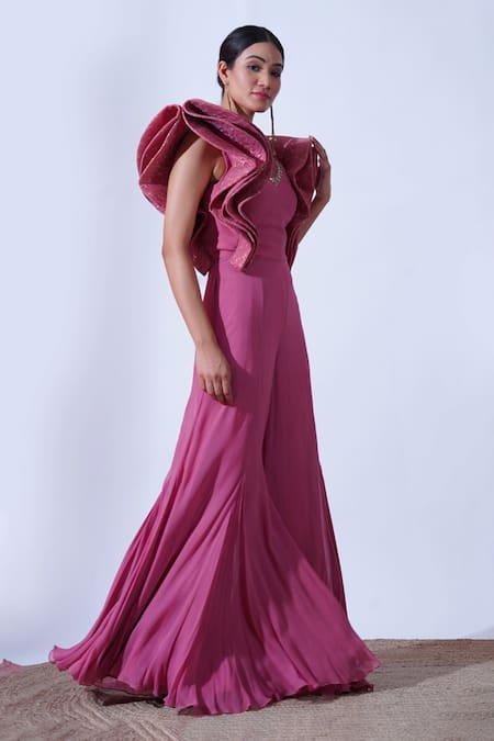 Shop Aurouss Pink Silk, Georgette, Lace Crystals Viha Structured Sleeves Bell Bottom Jumpsuit Online at Aza Fashions Shop_Aurouss_Pink Silk, Georgette, Lace Crystals Viha Structured Sleeves Bell Bottom Jumpsuit _Online_at_Aza_Fashions