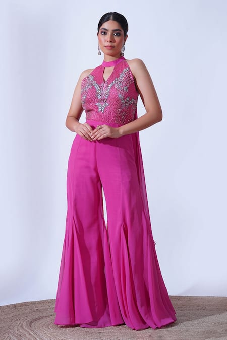 Aurouss Pink Georgette Embroidery Pihu Florence Jaal Embellished Jumpsuit 