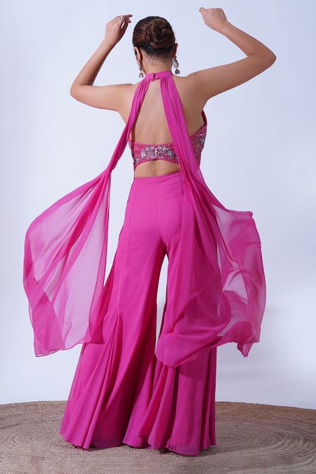 Shop Aurouss Pink Georgette, Tulle Sequins, Beads, Pihu Florence Jaal Embellished Jumpsuit at Aza Fashions Shop_Aurouss_Pink Georgette, Tulle Sequins, Beads, Pihu Florence Jaal Embellished Jumpsuit _at_Aza_Fashions