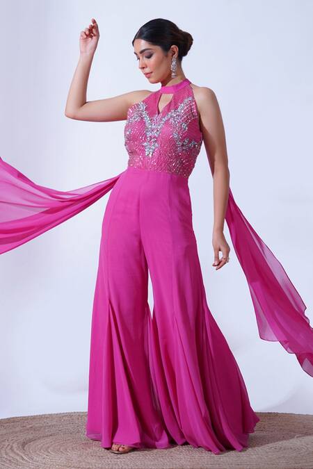 Aurouss Pink Georgette, Tulle Sequins, Beads, Pihu Florence Jaal Embellished Jumpsuit Online at Aza Fashions Aurouss_Pink Georgette, Tulle Sequins, Beads, Pihu Florence Jaal Embellished Jumpsuit _Online_at_Aza_Fashions