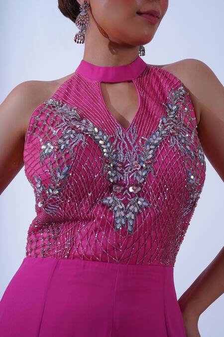 Shop Aurouss Pink Georgette, Tulle Sequins, Beads, Pihu Florence Jaal Embellished Jumpsuit Online at Aza Fashions Shop_Aurouss_Pink Georgette, Tulle Sequins, Beads, Pihu Florence Jaal Embellished Jumpsuit _Online_at_Aza_Fashions