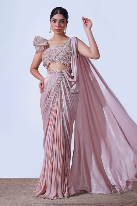 Aurouss Peach Sandwash Vanya Ivy Crystal Bloom Embellished Draped Saree Gown 