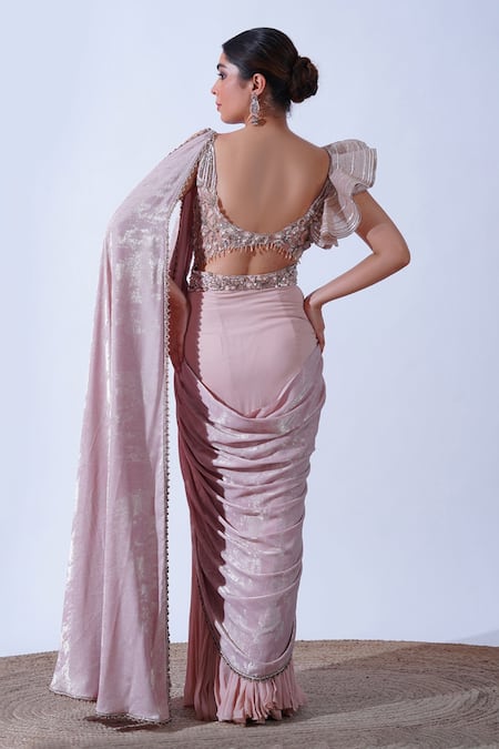 Aurouss Peach Embellished Draped Saree Gown 