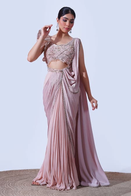Aurouss_Peach Tulle, Georgette, Silk Sequins, Zari, Embellished Draped Saree Gown _Online_at_Aza_Fashions