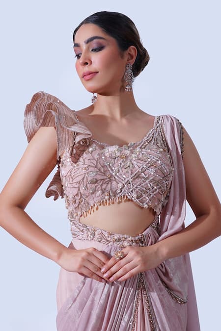Shop_Aurouss_Peach Tulle, Georgette, Silk Sequins, Zari, Embellished Draped Saree Gown _Online_at_Aza_Fashions